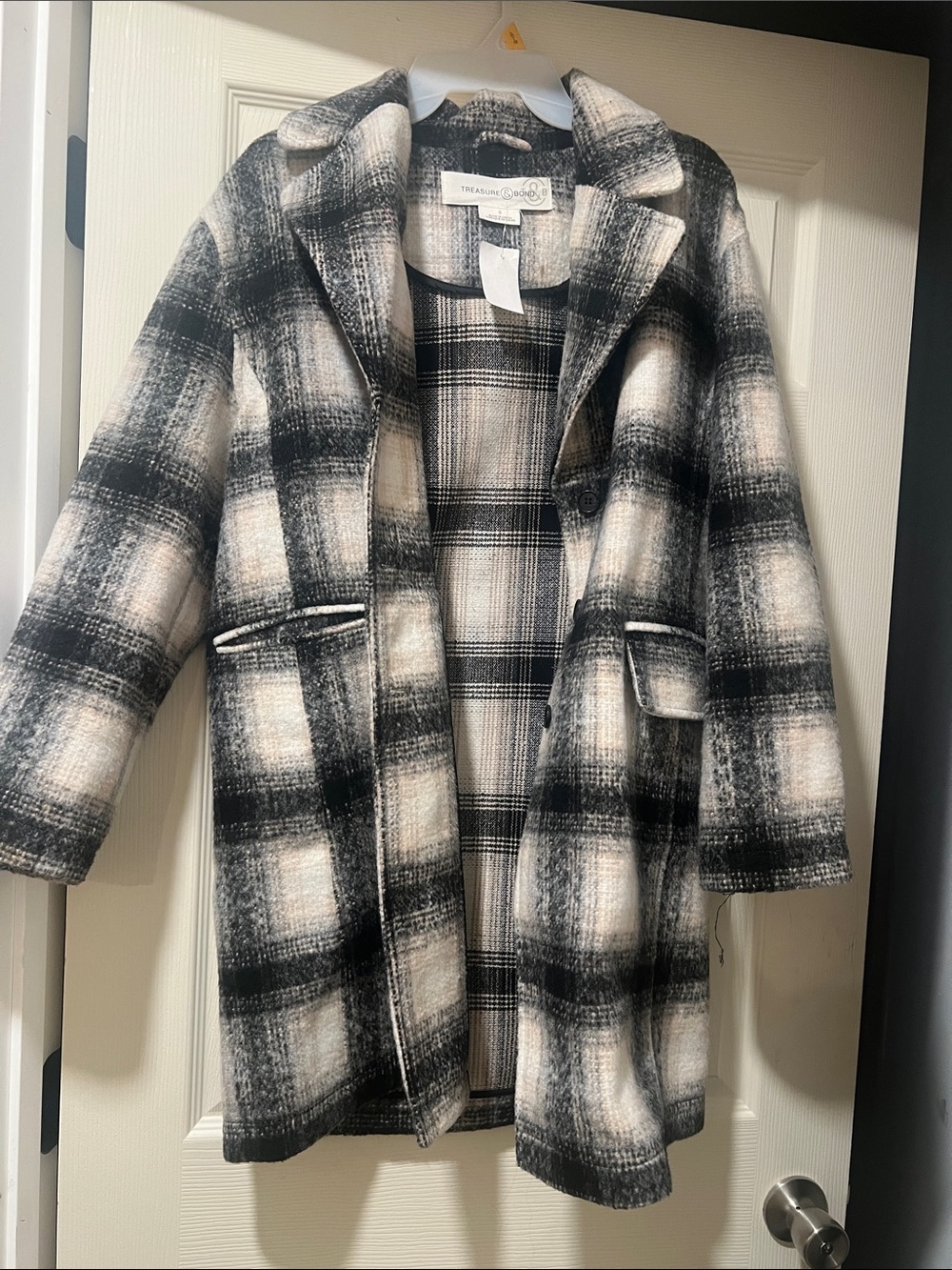 Treasure & Bond Black and White Plaid Pea Coat